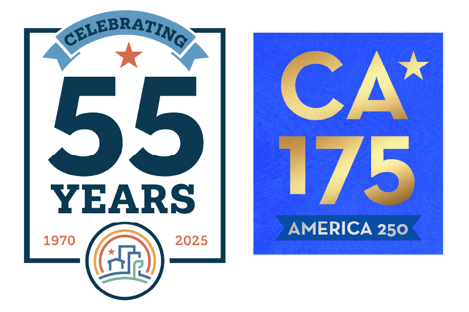 Governor's Office of Land Use and Climate Innovation 55 Years logo next to California's 175th year logo