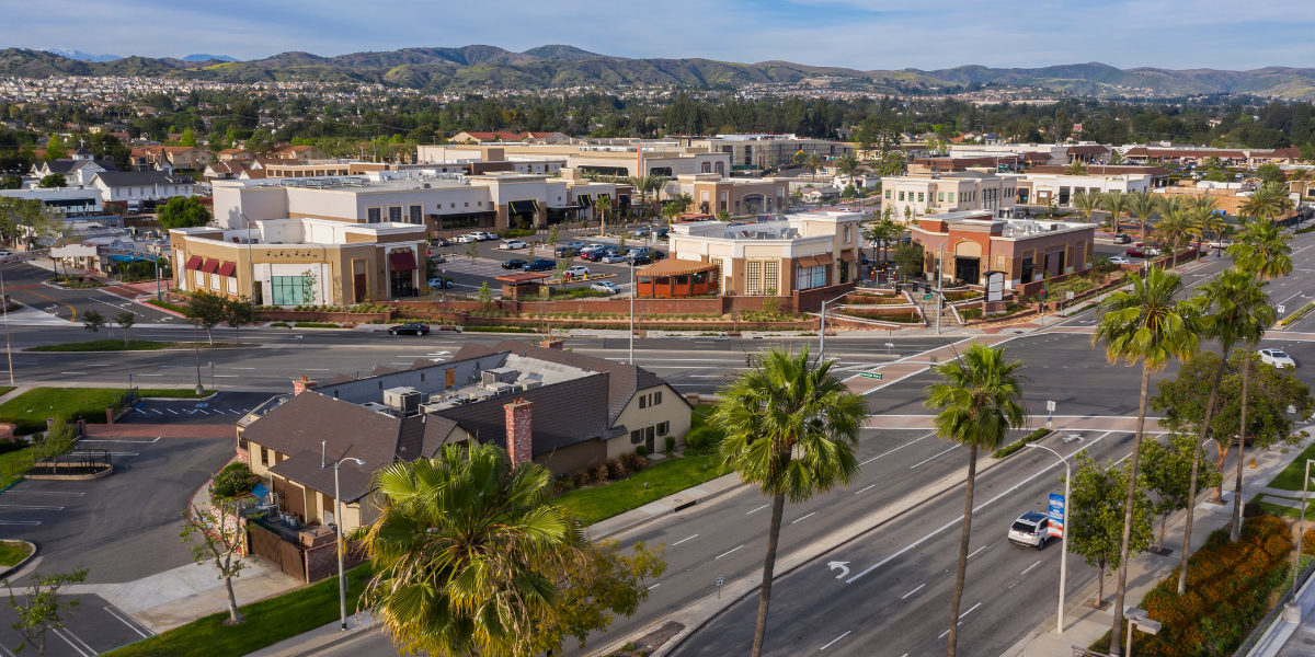 Streets and buildings at intersection in Yorba Linda, Calif.