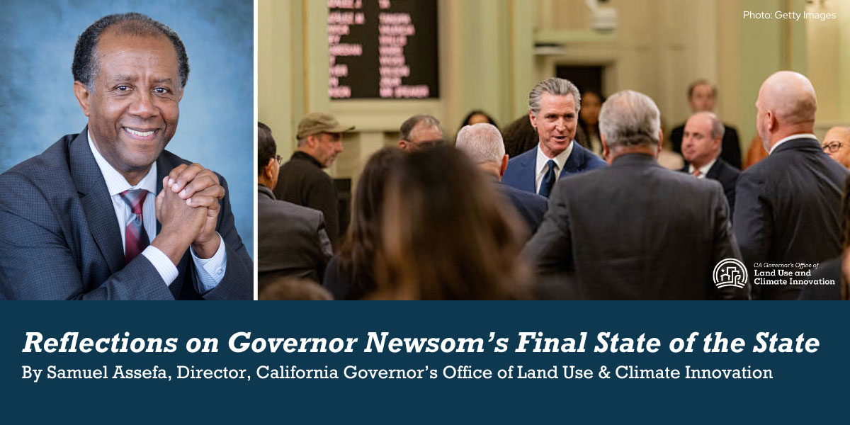 Photo of Sam Assefa and another of Governor Newsom in a crowd. Headline of story.