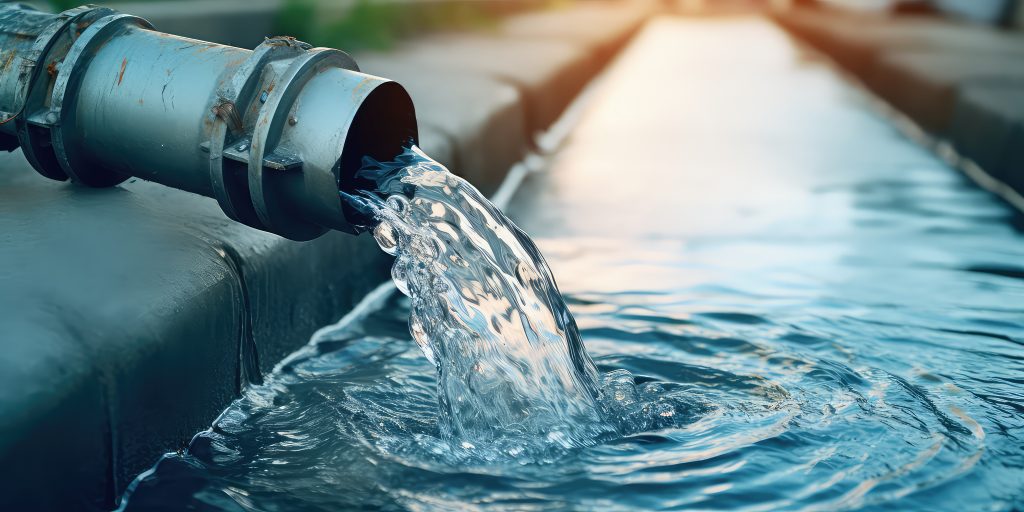 Photo of a pipe with water coming out into a water storage system. 