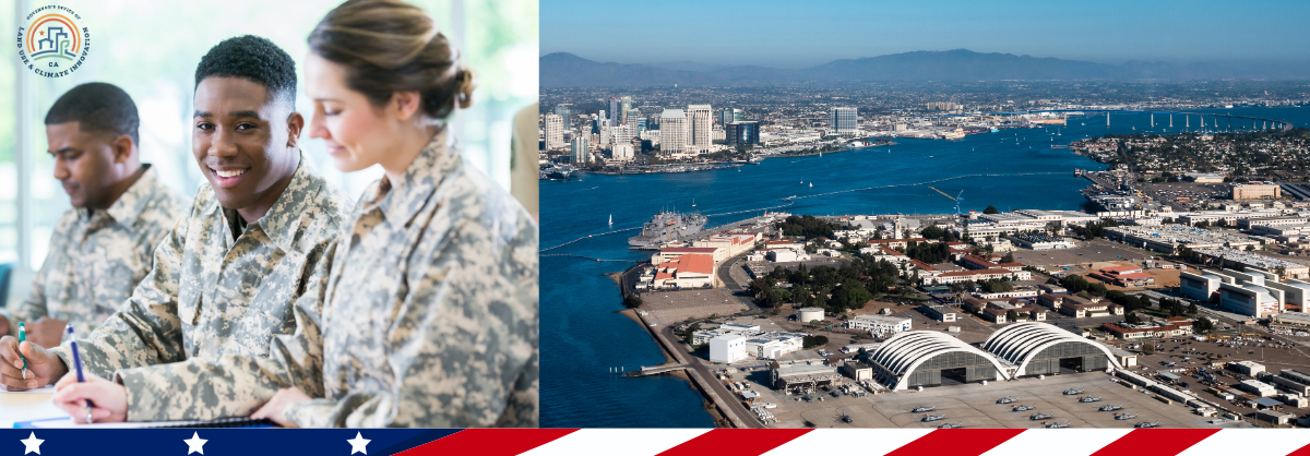 A graphic with photos of people in military uniform and a base.