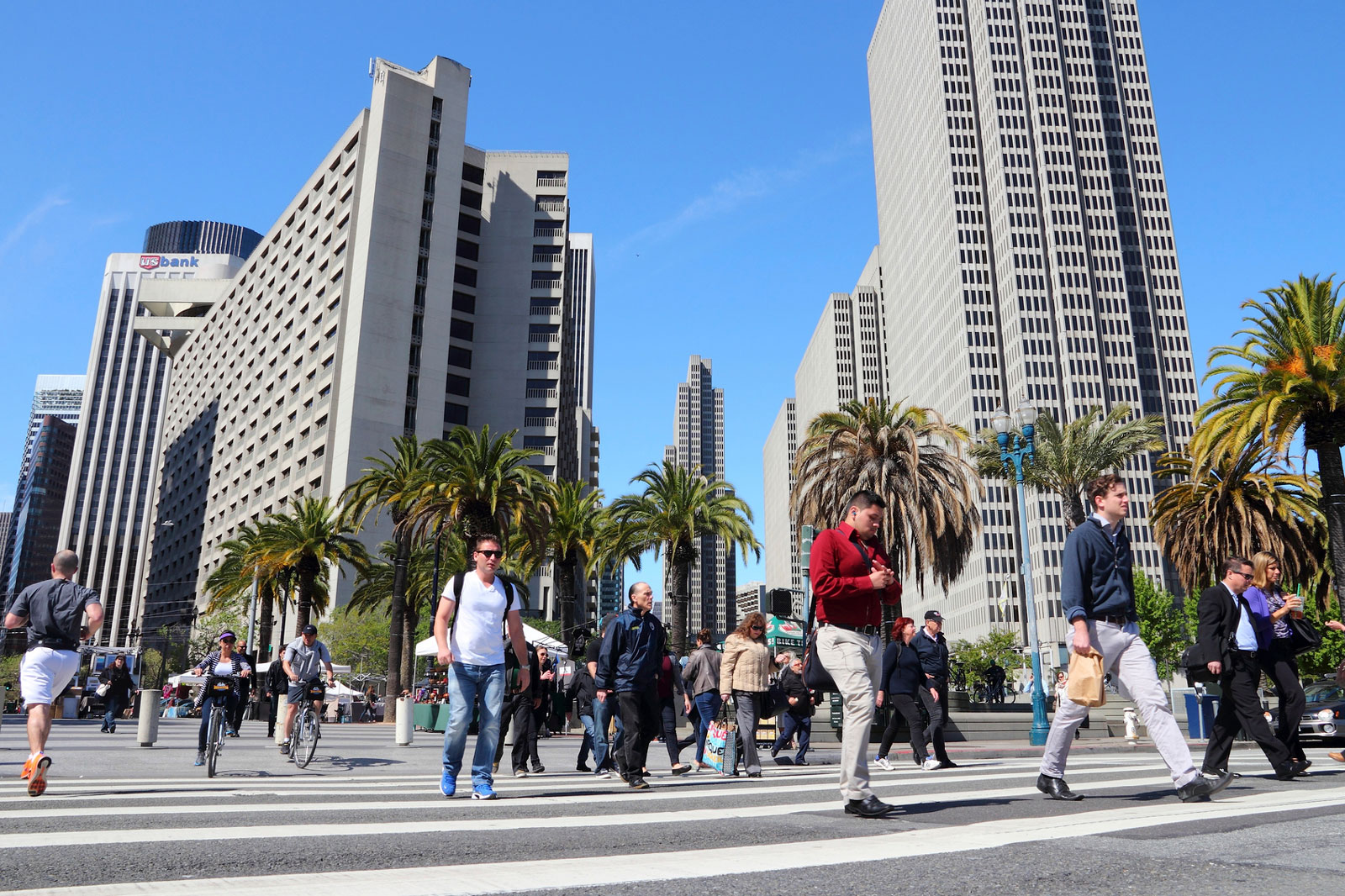 People visit downtown San Francisco, CA.